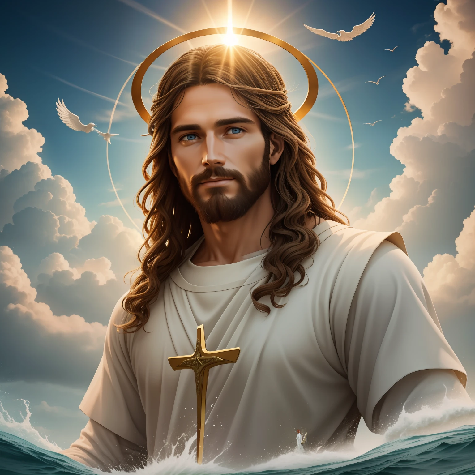 Jesus real voando no céu com uma nuvem voadora ao fundo, Jesus andando sobre as águas, ilustração bíblica, representação bíblica épica, forçando-o a fugir, saindo do oceano, ! segurando na mão!, desembarcando, deus do oceano, bela representação, Modelo 8k 3D, realista,
um realista 3D de Jesus com uma auréola no céu, Jesus Cristo, sorrindo no céu, portrait of Jesus Cristo, rosto de jesus, 35 jovem deus todo-poderoso, retrato de um deus celestial, Greg Olsen, gigachad jesus, Jesus de Nazaré, jesus, a face de deus, Deus olhando para mim, ele está cumprimentando você calorosamente, ele está feliz, imagem de avatar