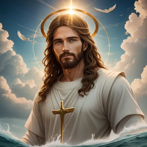 Real Jesus flying on sky with a flying cloud in the background, Jesus walking on water, biblical illustration, epic biblical representation, forcing him to flee, coming out of the ocean, ! holding in hand!, disembarking, god of the ocean, beautiful represe...