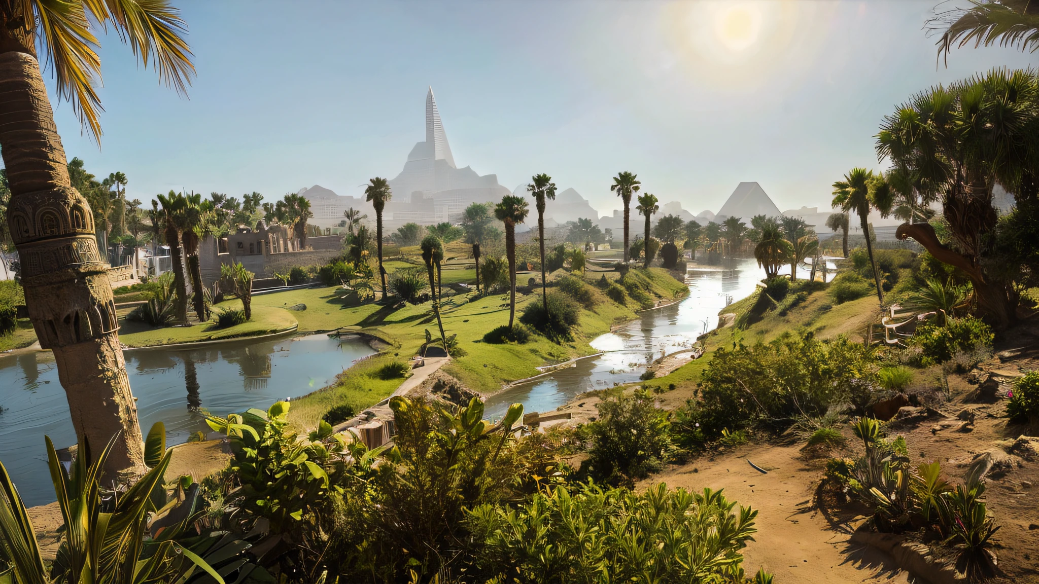 There is a large body of water，There are dinosaurs inside, egyptian environment, Egyptian landscape, nile river environment, Colorful ancient Egyptian city, egyption, Egyptian atmosphere, oasis in the desert, beautiful high resolution, ancient cyberpunk 8k resolution, lush oasis, epic landscapes, The colorful city of ancient Egypt, author：Harold von Schmidt, In the desert oasis lake