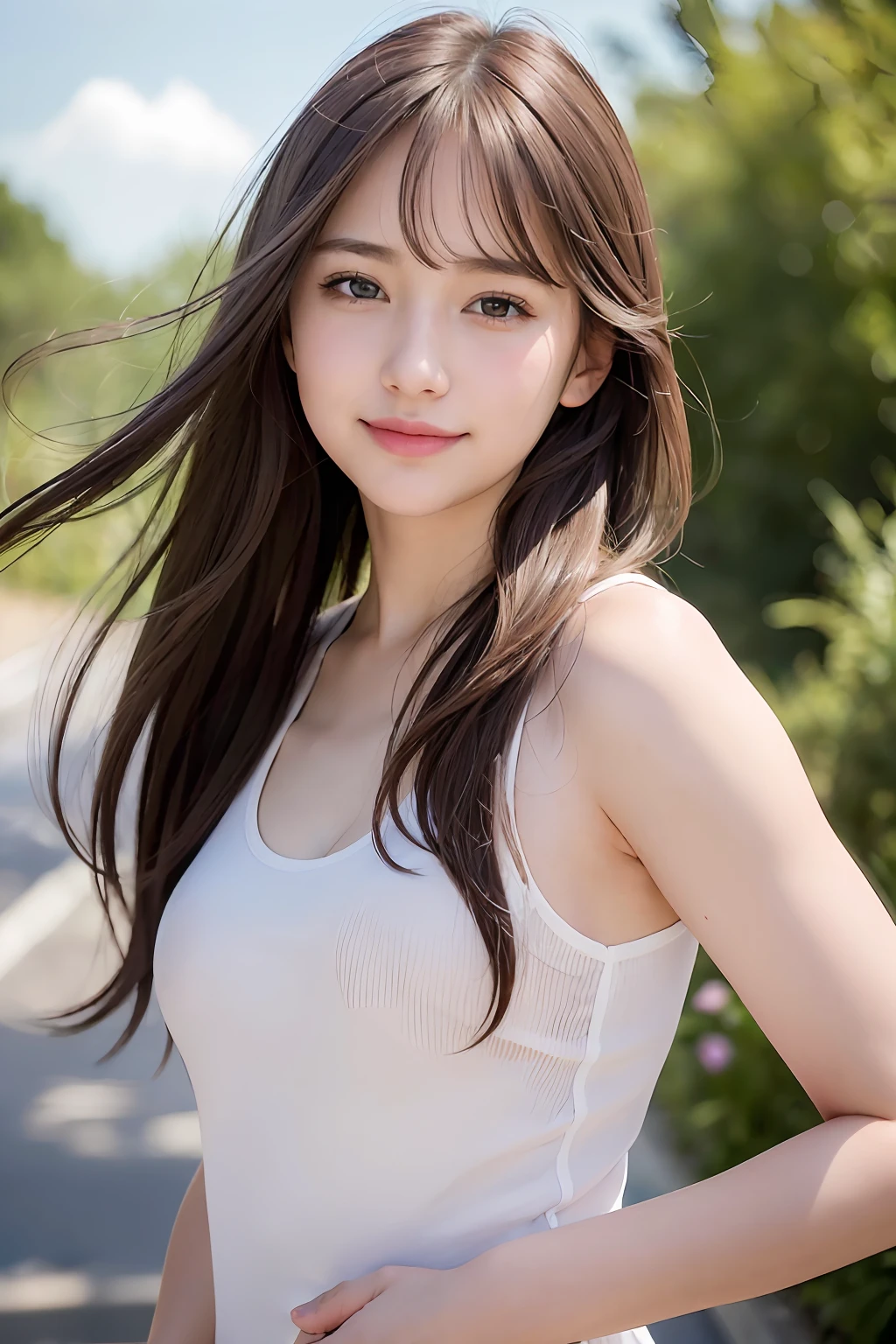 (8k, Best Quality, Masterpiece:1.2), (Realistic, Photorealistic:1.37), Ultra Detail, 1 Girl,Cute,Solo,Beautiful Detailed Sky,Date,(Blush),(Smile:1.15),(Closed Mouth)Small Breasts,Beautiful Detailed Eyes,(Long Hair: 1.2),Floating Hair NovaFrogStyle, Upper Body, Tank Top