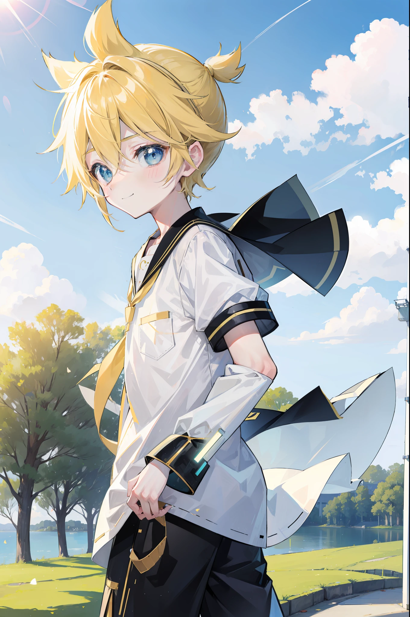 one boy, Len_Kagamine, pure, innocent, blush, sailor uniform, black short pants, outdoor, cowlick hair, cool, slender, handsome, character focus, smile