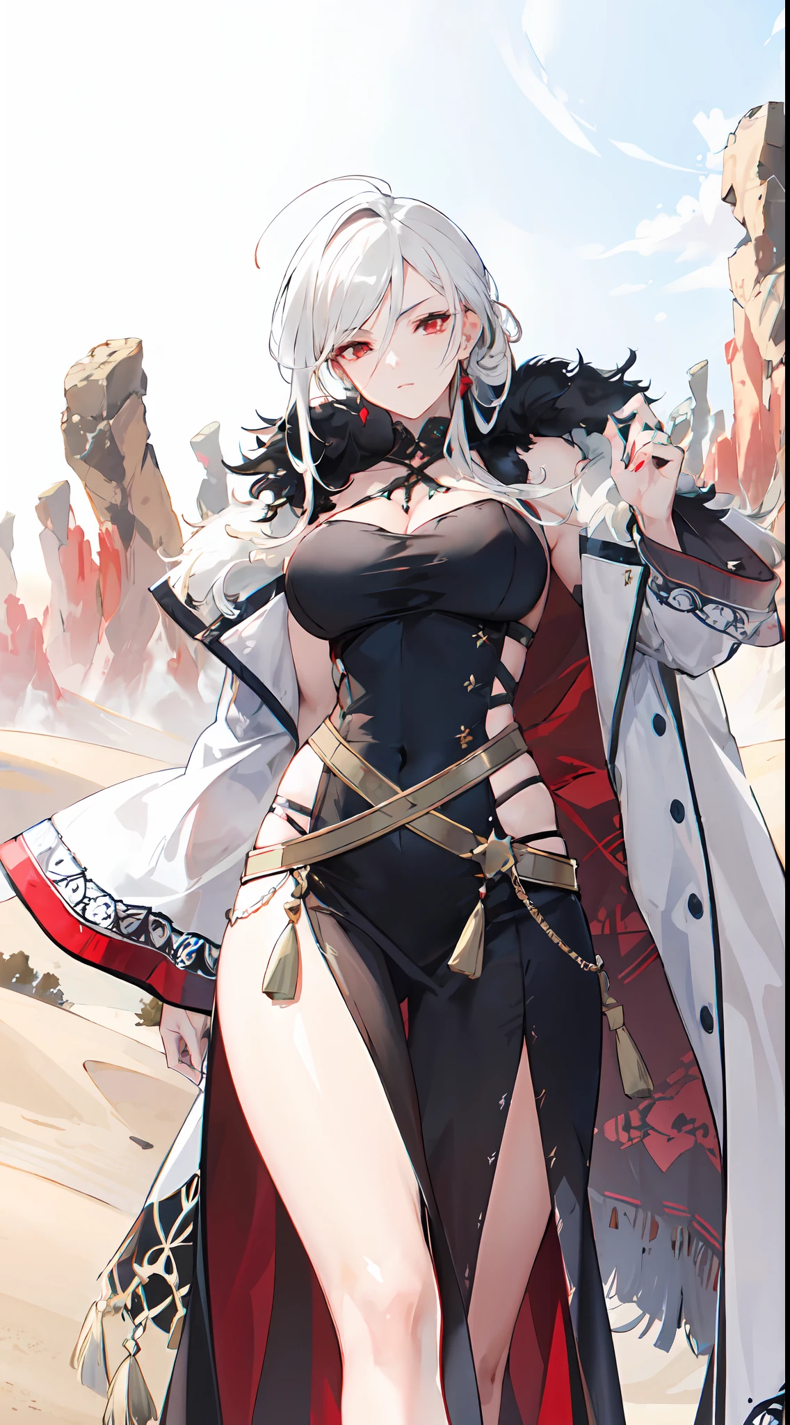 "A stunning mature woman with flowing white hair tied to the side, piercing red eyes glowing with intensity, adorned in a white desert cloak, standing in the vast expanse of sandy dunes."