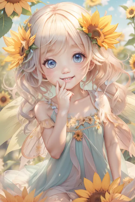 cute fairy with a sense of transparency、bright smile、have fun playing、beautiful background、bright background、sunflower backgroun...