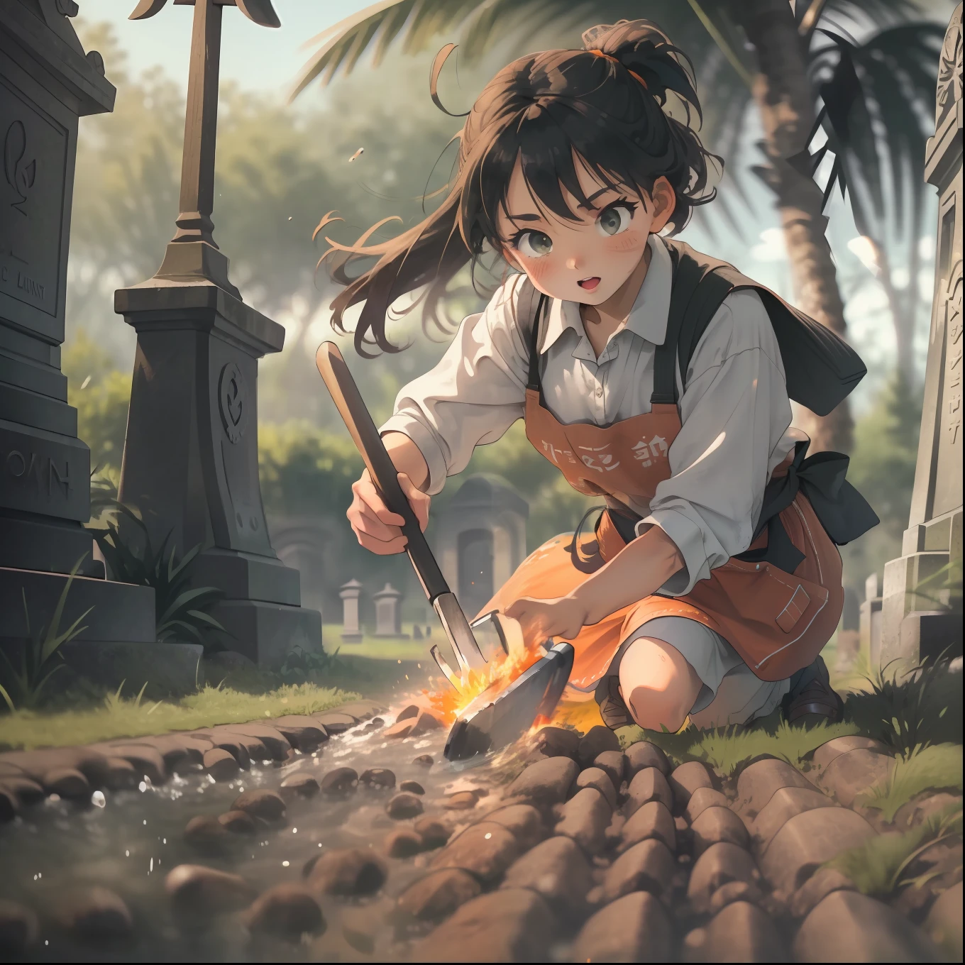 Apron girl，（Take a shovel：1.3），（Bury the salmon in the cemetery：1.5），holland angle，Fiery members，（extreme motion blur：1.2），Nice face，Detailed palm，Detailed face，The entire image composition，Natural soft light，Blur time，Morning，Storytelling images