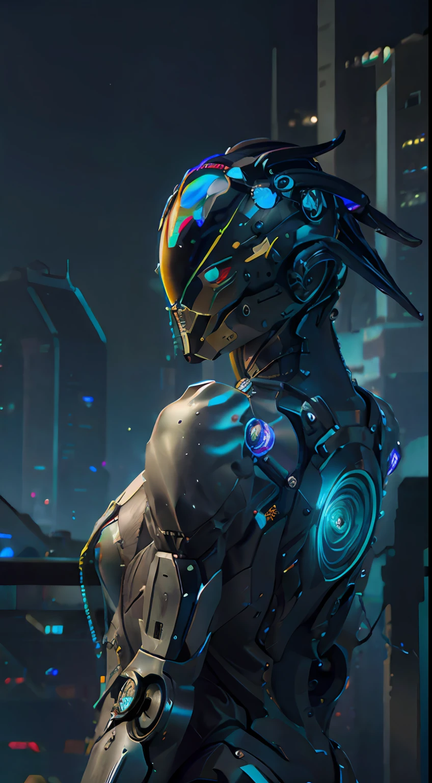 A close up of a person in a futuristic suit with a city in the ...