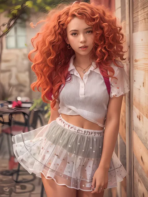 A young teenager redhead with curly hair and freakless dressed like high schooler showing her transparent panty, skirt up