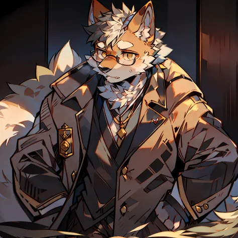 solo person，shaggy male，Furry，lbeard，Middle Age，Dogs，Shiba dog，dressed in a suit，light brown fur，Gold eyes，Wearing glasses，conte...