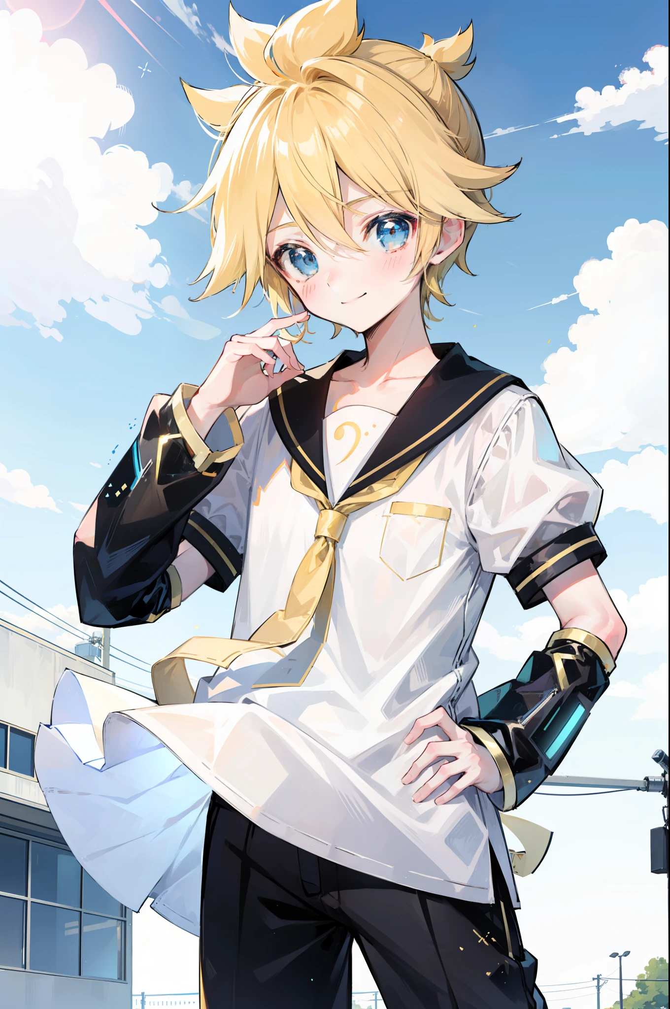 one boy, Len_Kagamine, pure, innocent, blush, sailor uniform, black short pants, outdoor, cowlick hair, cool, (slender), handsome, character focus, smile,