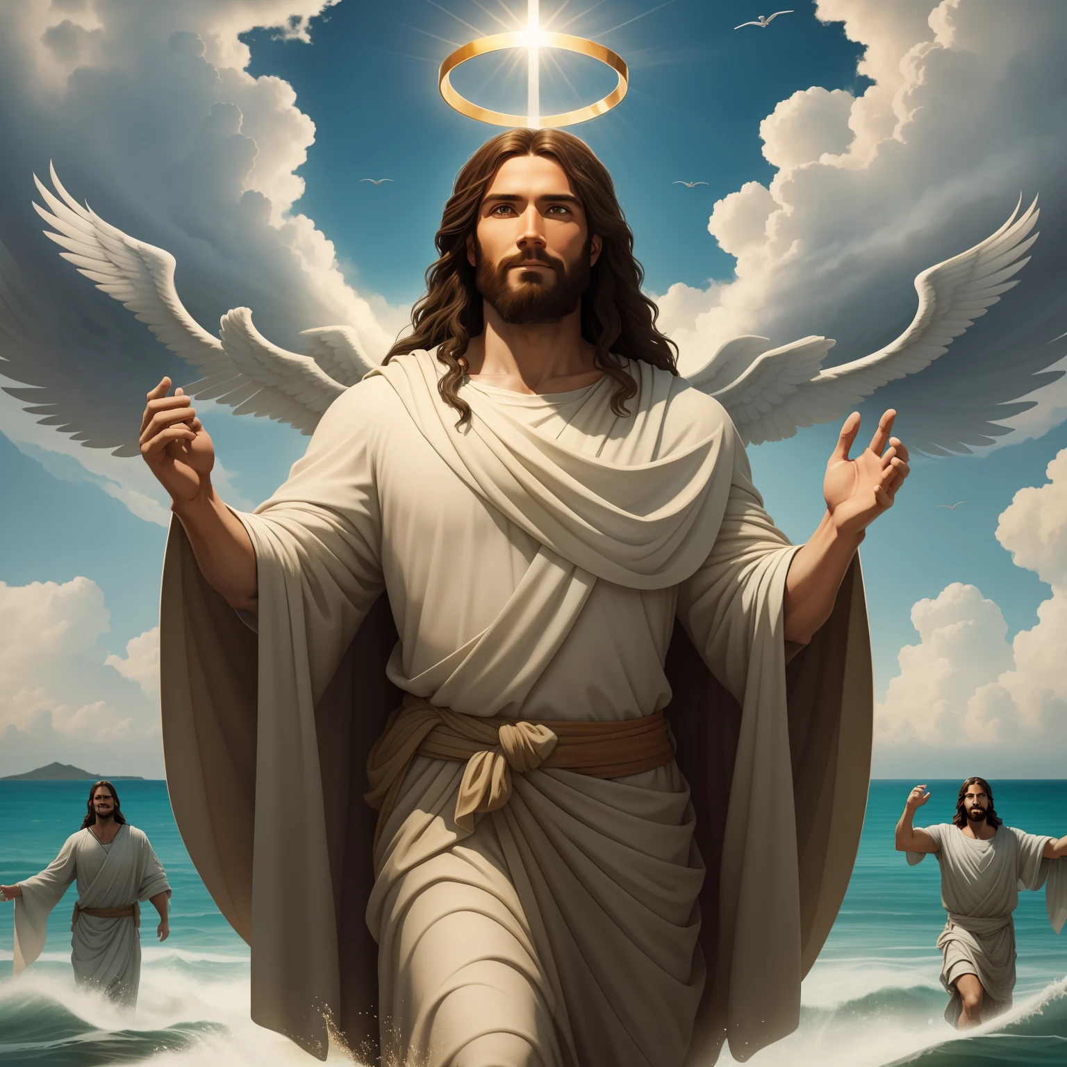 Jesus walking on water with a flying cloud in the background, Jesus walking on water, biblical illustration, epic biblical representation, forcing him to flee, coming out of the ocean, ! holding in hand!, disembarking, god of the ocean, beautiful representation, 8k 3D Model, realistic,
a 3D Realistic of jesus with a halo in the sky, jesus christ, smiling in heaven, portrait of jesus christ, jesus face, 33 young almighty god, portrait of a heavenly god, greg olsen, gigachad jesus, jesus of nazareth, jesus, the face of god, god looking at me, he is greeting you warmly, he is happy, avatar image