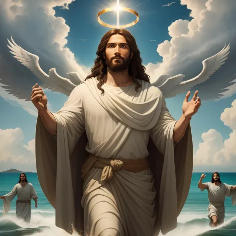 Jesus walking on water with a flying cloud in the background, Jesus walking on water, biblical illustration, epic biblical representation, forcing him to flee, coming out of the ocean, ! holding in hand!, disembarking, god of the ocean, beautiful represent...
