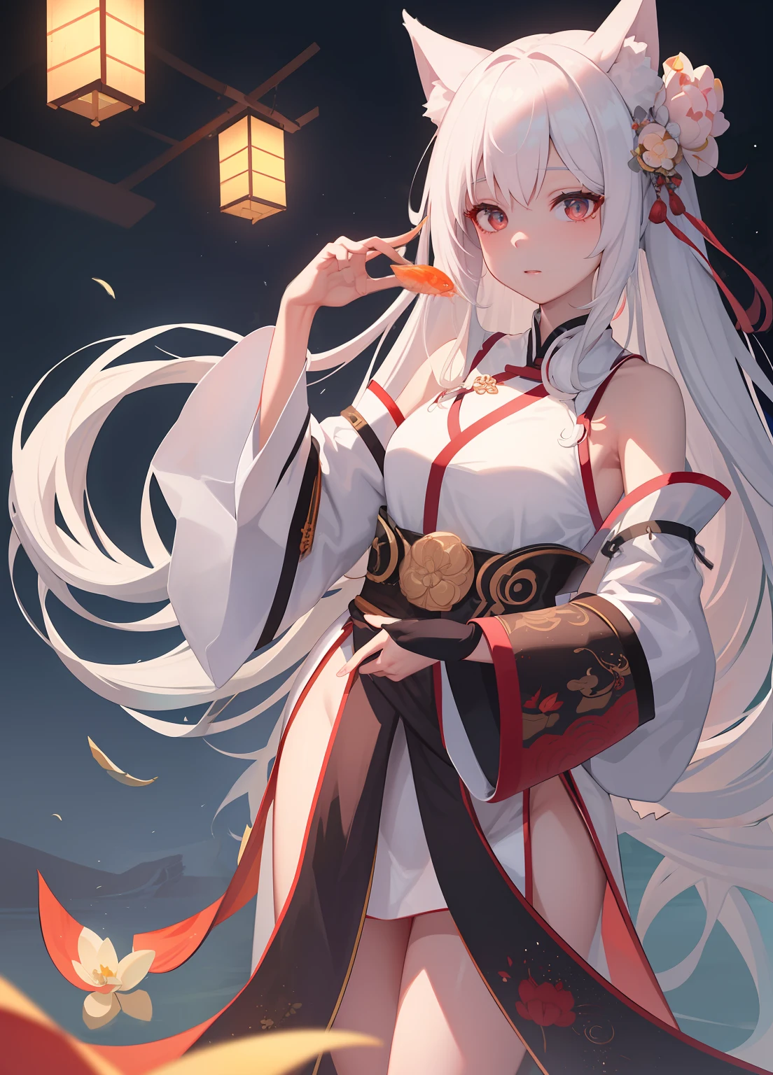 ((4k,masterpiece,best quality)), shuimobysim, Chinese painting, lotus, hanfu, maxiskit, dressed conservative 1 girl, solo, white hair, long hair, fox ears, white, bikini, fish, many fish close to the girl, looking at the audience, teasing
