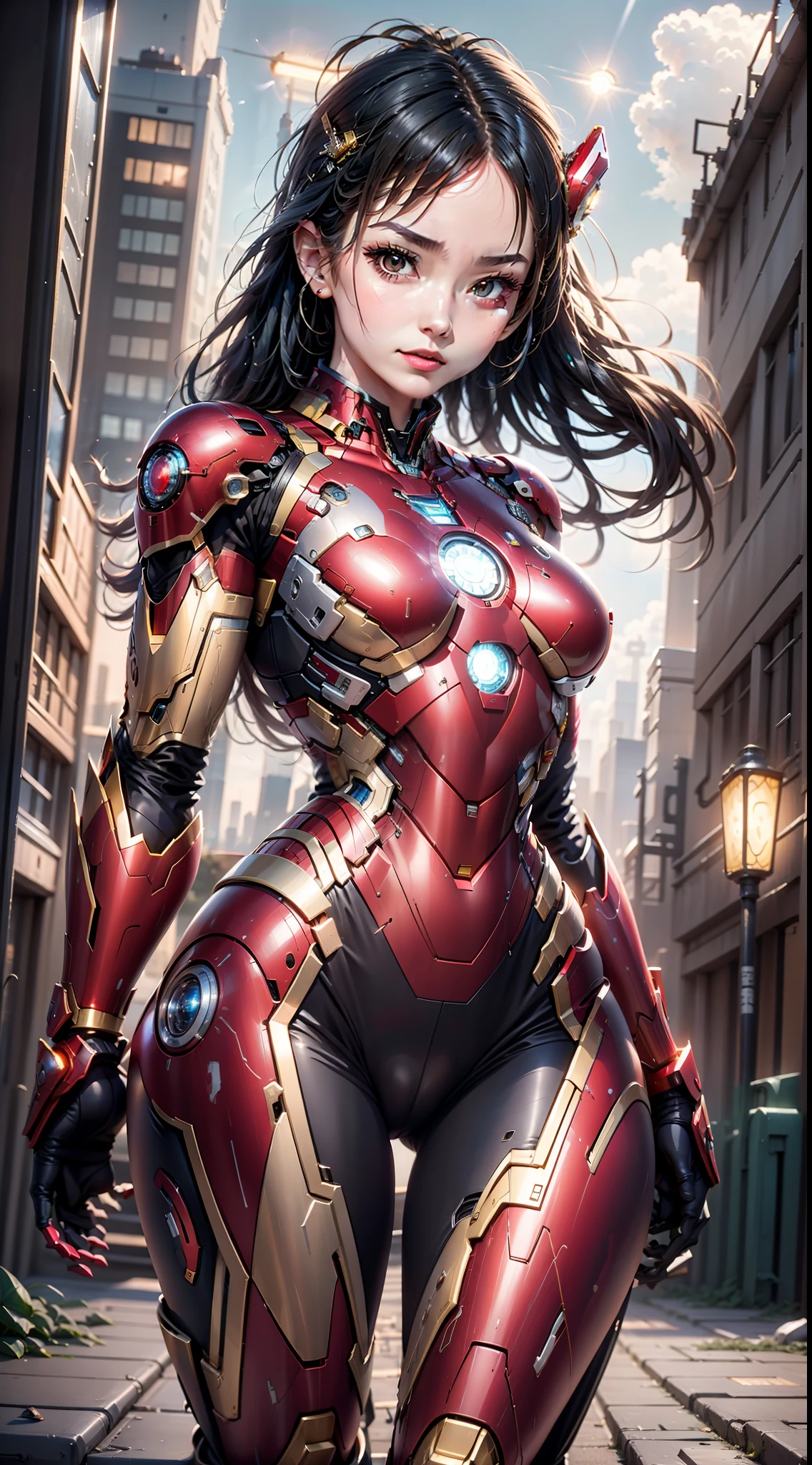 8k, realistic, attractive, highly detailed, a 20 year old girl a sexy and attractive woman inspired by Iron Man wearing a shiny Iron Man mech. She dresses with sensuality and confidence, perfectly interpreting Iron Man&#39;s strength and charisma. The abandoned warehouse serves as a backdrop, creating a unique atmosphere that highlights her bravery and perseverance. The tall buildings and buildings on the street exude the unique charm of cyberpunk, and the neon light outlines the outline of the city, which sets off the powerful strength and personality charm of Iron Man. This high-definition, high-quality picture will bring you stunning visual enjoyment, a perfect combination of sexy, futuristic and sci-fi elements. oc rendering, dramatic lighting, award winning quality