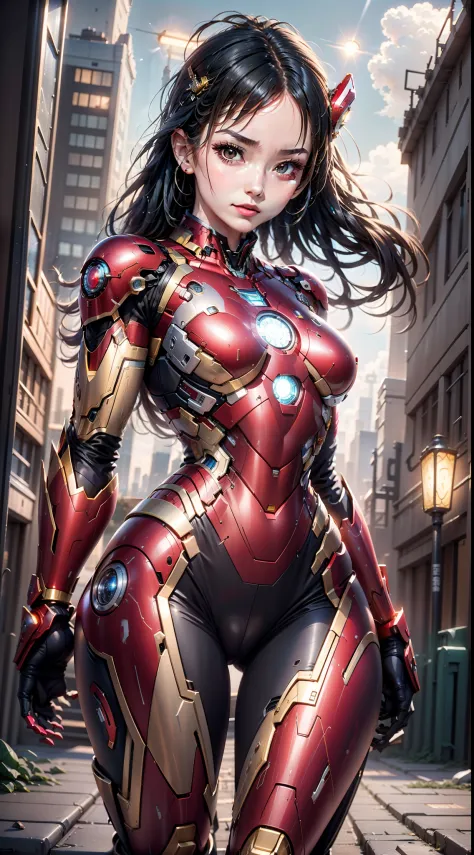 8k, realistic, attractive, highly detailed, a 20 year old girl a sexy and attractive woman inspired by iron man wearing a shiny ...