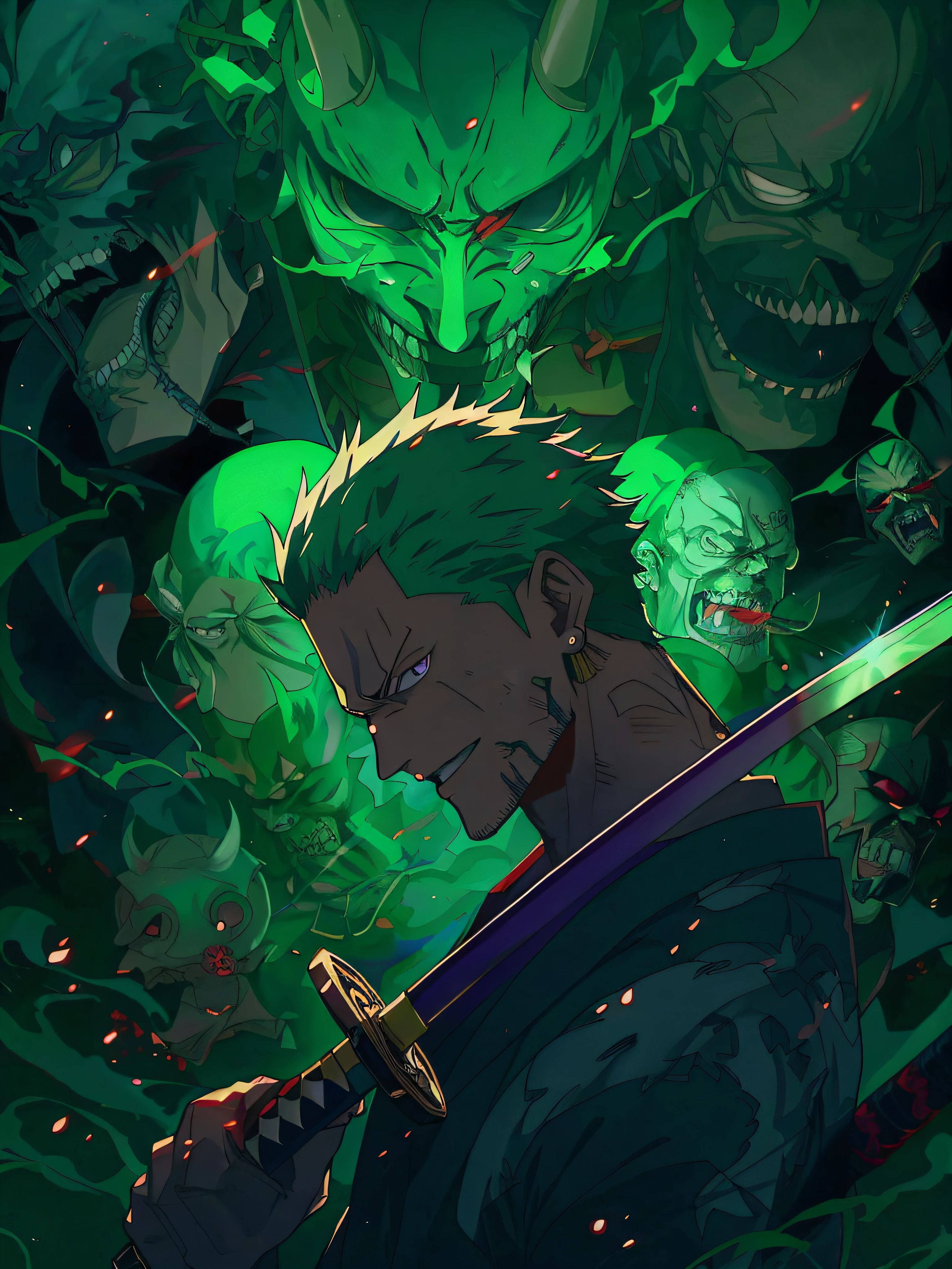 Anime-Figur mit grünen Haaren, die ein von Totenköpfen umgebenes Schwert hält, Lorenor Zorro, knallharter Anime 8k, Episches Anime-Kunstwerk, demon slayer artstyle, Anime-Kunst-Tapete 4k, Anime-Kunst-Hintergrundbild 4K, 4K-Anime-Hintergrundbild, Anime-Tapete 4k, Anime-Hintergrundbild 4k, Anime-Kunst-Tapete 8 k, 4 K Manga-Hintergrundbild, Anime-Wallpaper