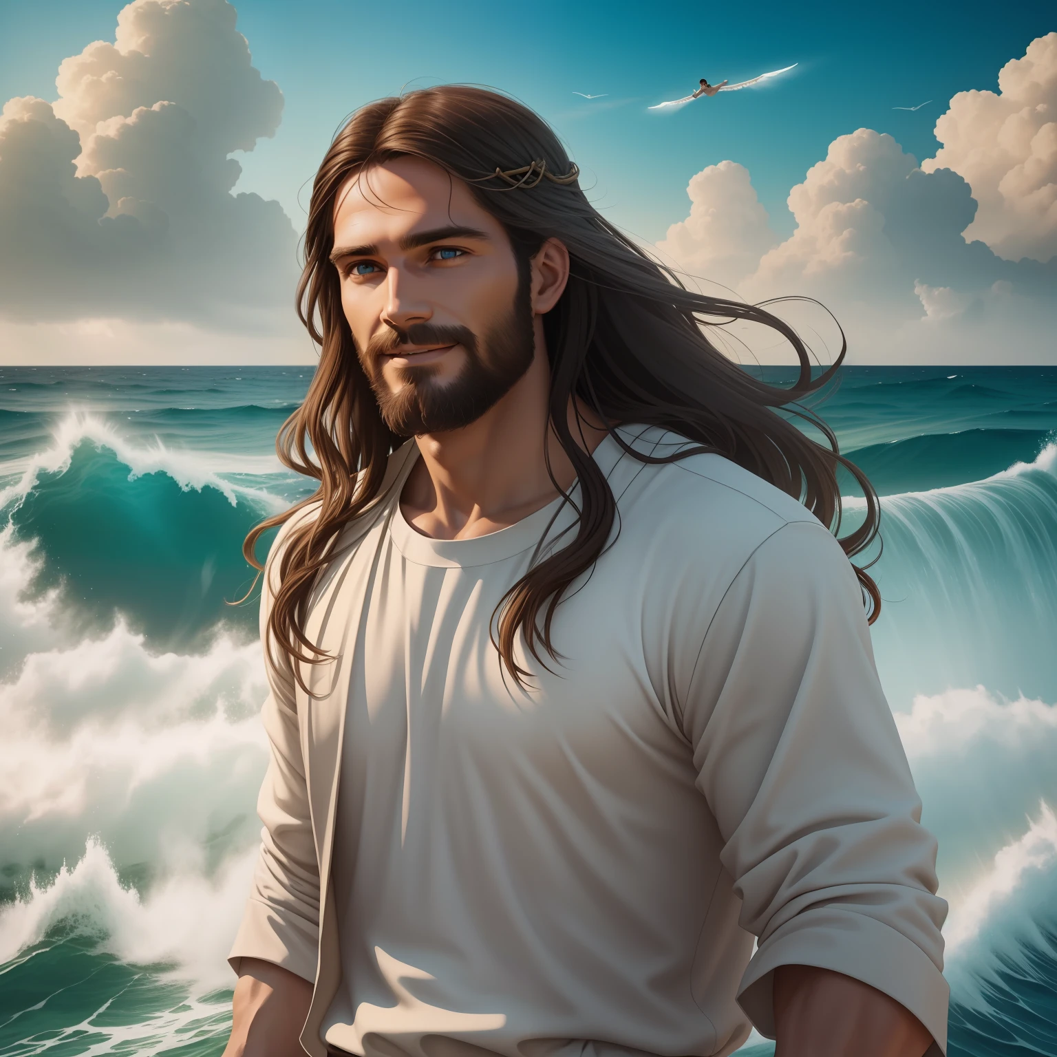 Real Jesus flying on sky with a flying cloud in the background, Jesus walking on water, biblical illustration, epic biblical representation, forcing him to flee, coming out of the ocean, ! holding in hand!, disembarking, god of the ocean, beautiful representation, 8k 3D Model, realistic, cross
a 3D Realistic of jesus with a halo in the sky, jesus christ, smiling in heaven, portrait of jesus christ, jesus face, 35 young almighty god, portrait of a heavenly god, greg olsen, gigachad jesus, jesus of nazareth, jesus, the face of god, god looking at me, he is greeting you warmly, he is happy, avatar image
