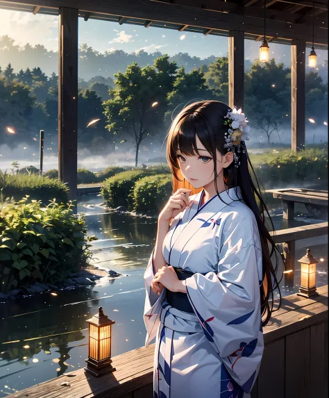 masterpiece, illusion, top quality, night, cloudy night, oborotsuki, fireflies, countryside, countryside, countryside, river surface, foxfire, adult woman in yukata, confession, evening fog, flowing evening fog, dry ice, soft focus, dense fog, regret, fox ...