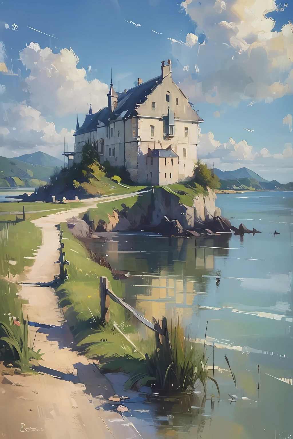 (masterpiece, realistic:1.3),
 estuary, sky, reeds, landscape, oil painting, detailed, 4k texture, castle