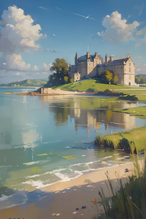 (masterpiece, realistic:1.3),
 estuary, sky, reeds, landscape, oil painting, detailed, 4k texture, castle