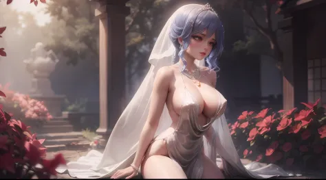 A woman in a white dress and veil poses in the garden, sexy gown, Wearing sexy lingerie, Sexy girl, revealing outfit, beautiful female bodies, intricate body, Open V chest clothes, smooth white tight clothes suit, laced lingerie, Translucent body, Japanese...