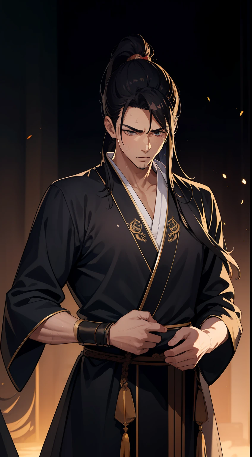 quadratic element，style of anime，mtu（Male Warrior），musculature，The proportions are correct，Face details，swordsmen，High ponytail hairstyle，perspired，Sweat on the face，drools，Neck details，There is an Adam's apple，Get wet，Drenched，Black Hanfu，kaftan，Embroidered robes，Black robe，clothes details，Handing over，longer sleeves，Game quality，Swordsmanship，Light and shadow tracking，Ray traching，detailed glow，cg render，hair detail，cabelos preto e longos，Golden eyes，Sweat on the face，Handsome，Handsome，Beads of sweat slipped down my neck，（juvenile sense），Clothing is complicated，Drenched，Get wet，Perfectcomposition，Refinement，high qulity，higher details，Lots of details，The background is complex，a sense of atmosphere，