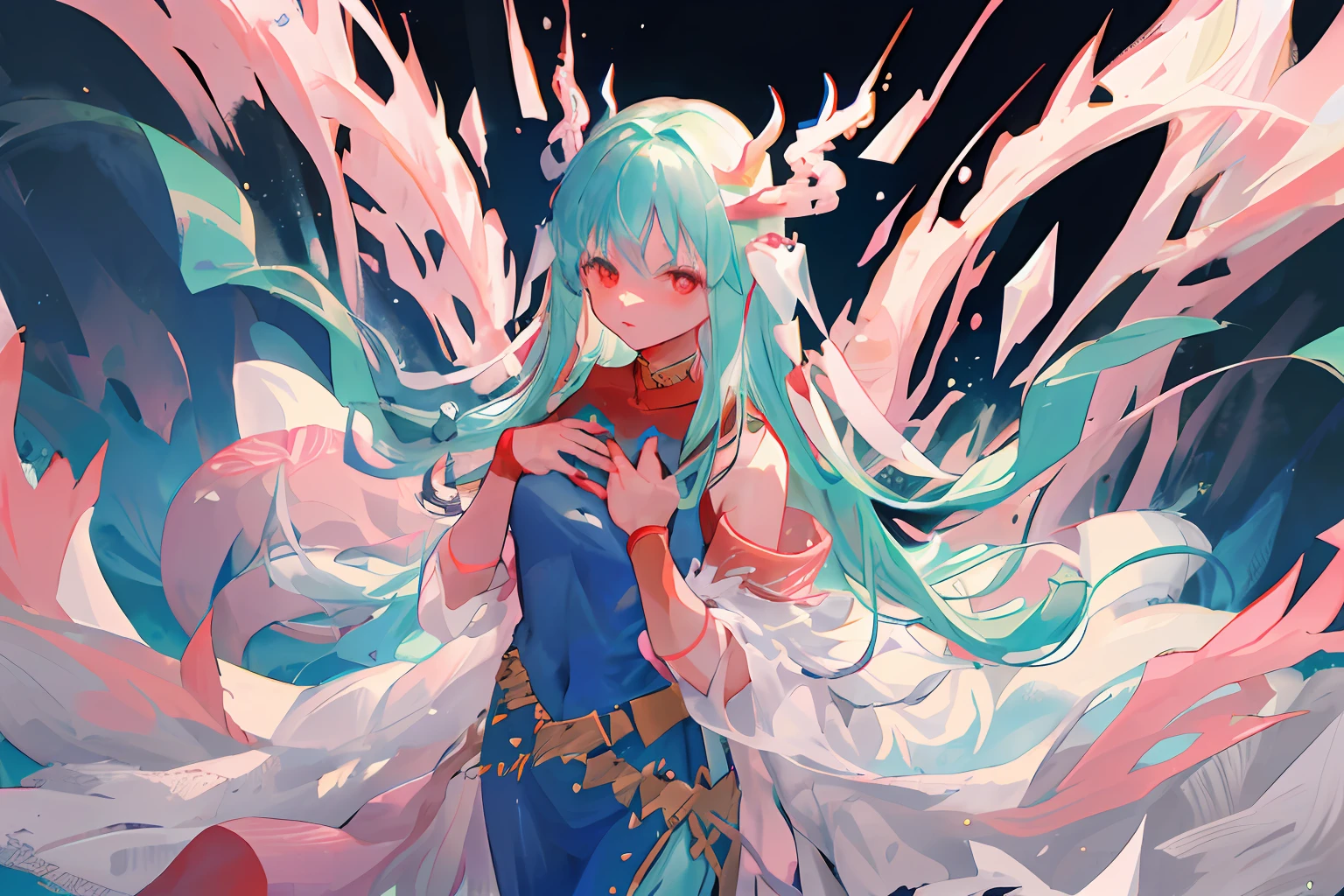 Pink, White, 1girll, ninian fe, Red eyes, Long dress, jewelry, Dancer, From above, foreshortening, Shy, hands on the chest, looking over hands, (1龙, White dragon, Dragon, loong background:1.2)