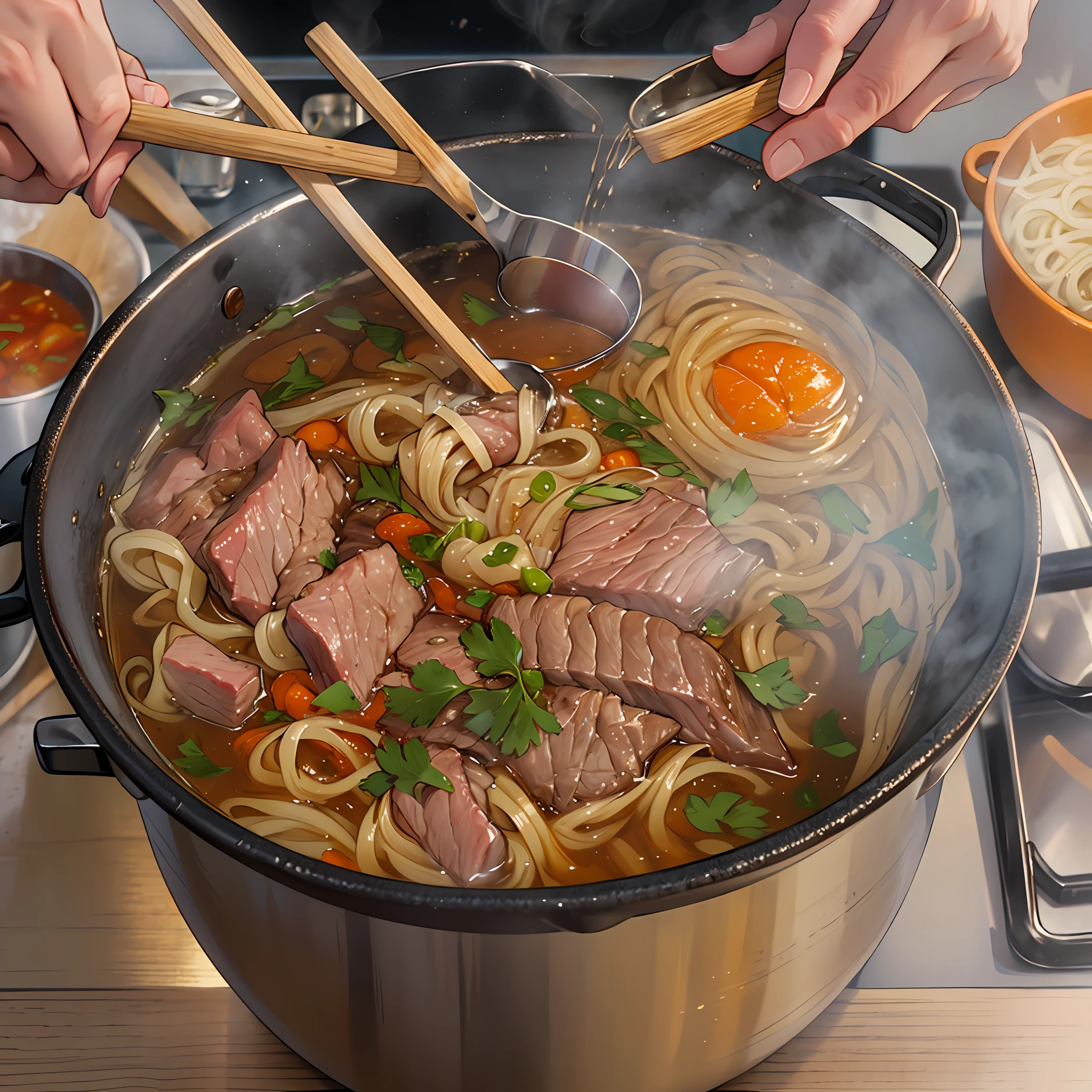 Someone is cooking a pot of soup with chopsticks and meat - SeaArt AI