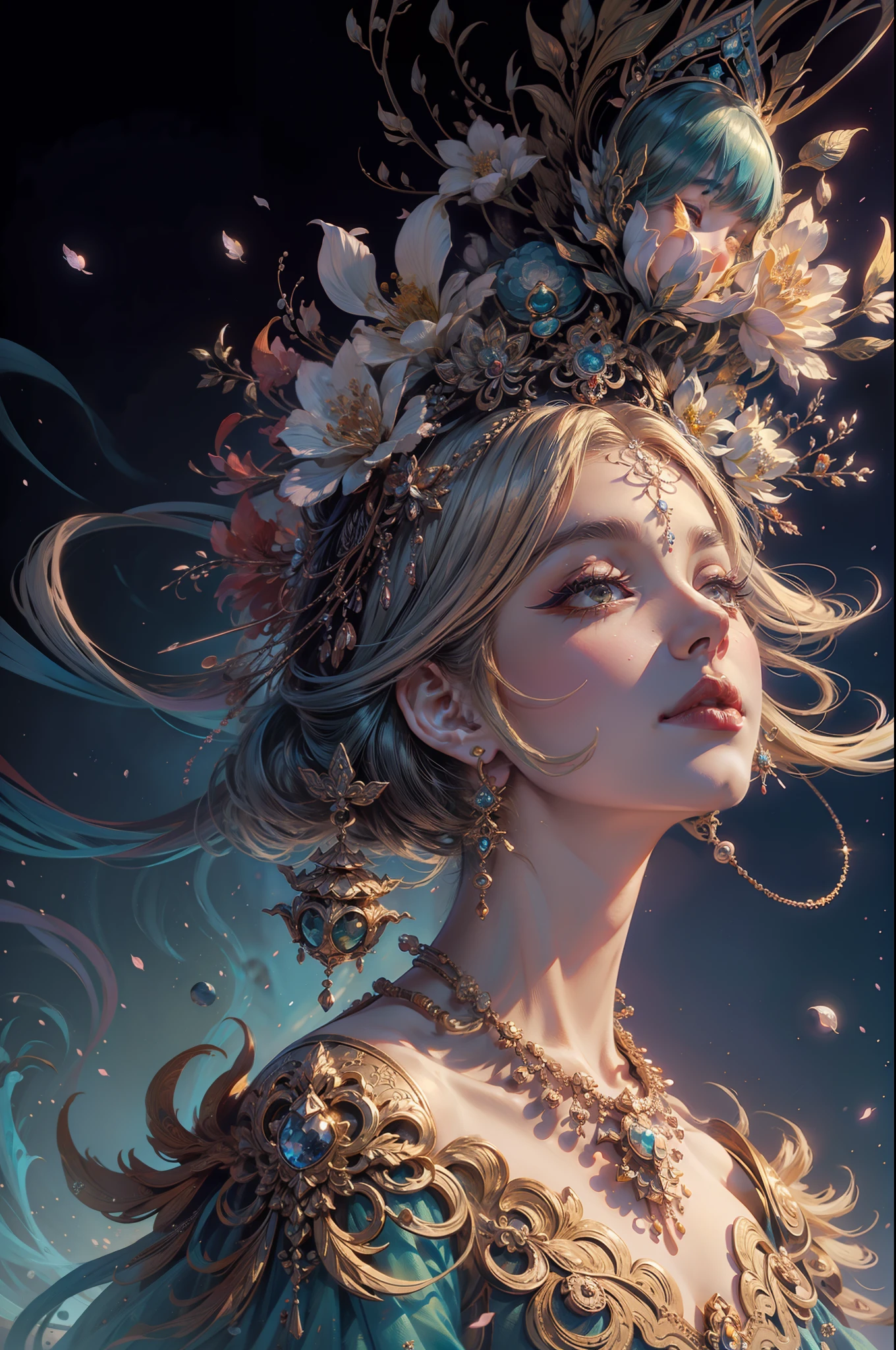 God girl，Divine and beautiful existence，Attractive appearance，The eye sees everything，Intricate and gorgeous hairstyles，feater，jewely，blossoms，head gear，tmasterpiece，high qulity，rendering by octane，high detal，A high resolution，Colorful shades，Strongly contrasting，rich details​，Storytelling images