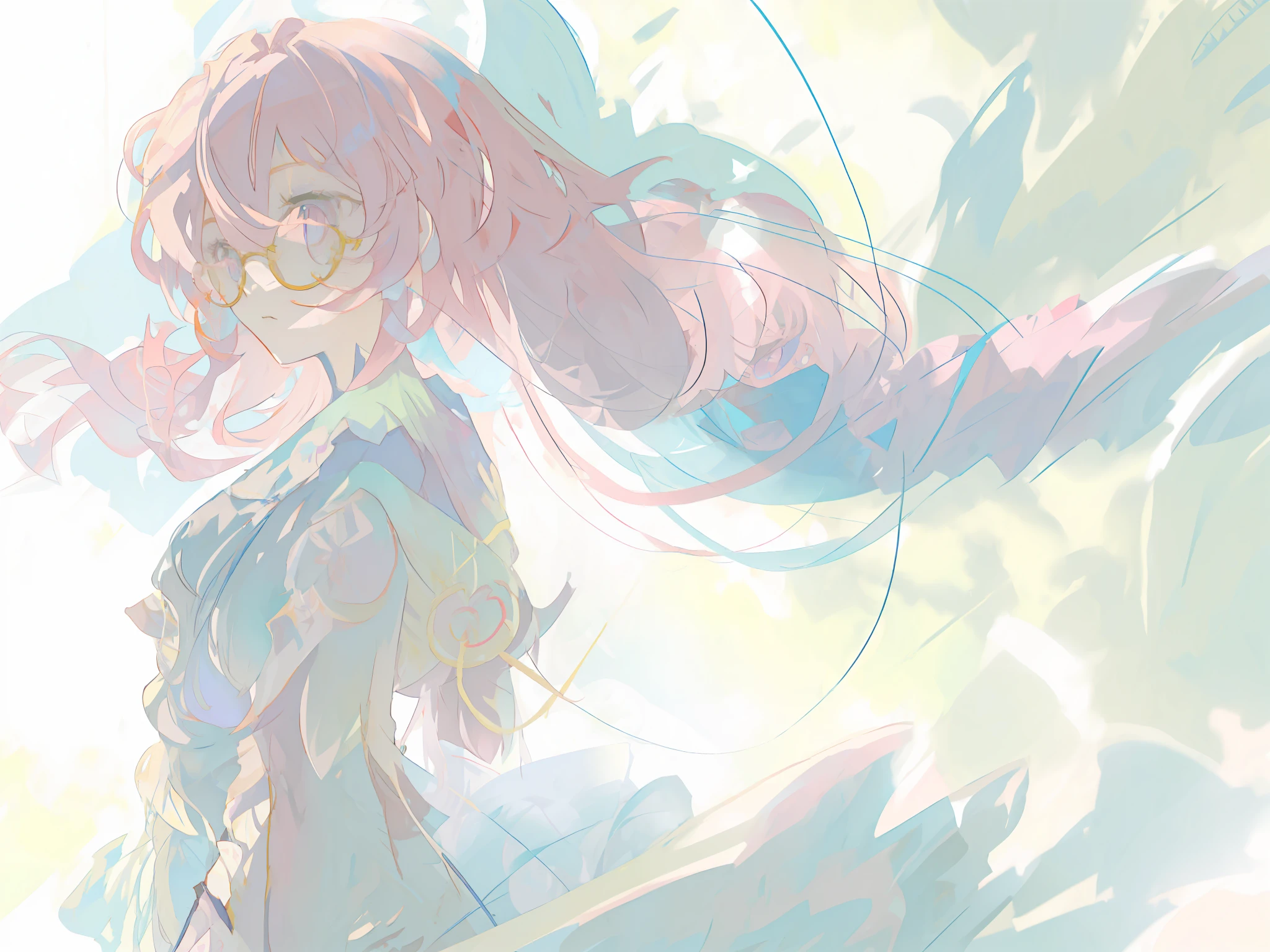 anime girl with long pink hair and glasses in a field, soft anime illustration, by Shingei, pastel coloring, colorful sketch, zerochan art, ethereal anime, flat anime style shading, pastelwave, airy colors, digital art on pixiv, beautiful anime art style, anime artstyle, ethereal background, by Ai-Mitsu, anime moe artstyle