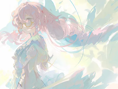 anime girl with long pink hair and glasses in a field, soft anime illustration, by Shingei, pastel coloring, colorful sketch, ze...