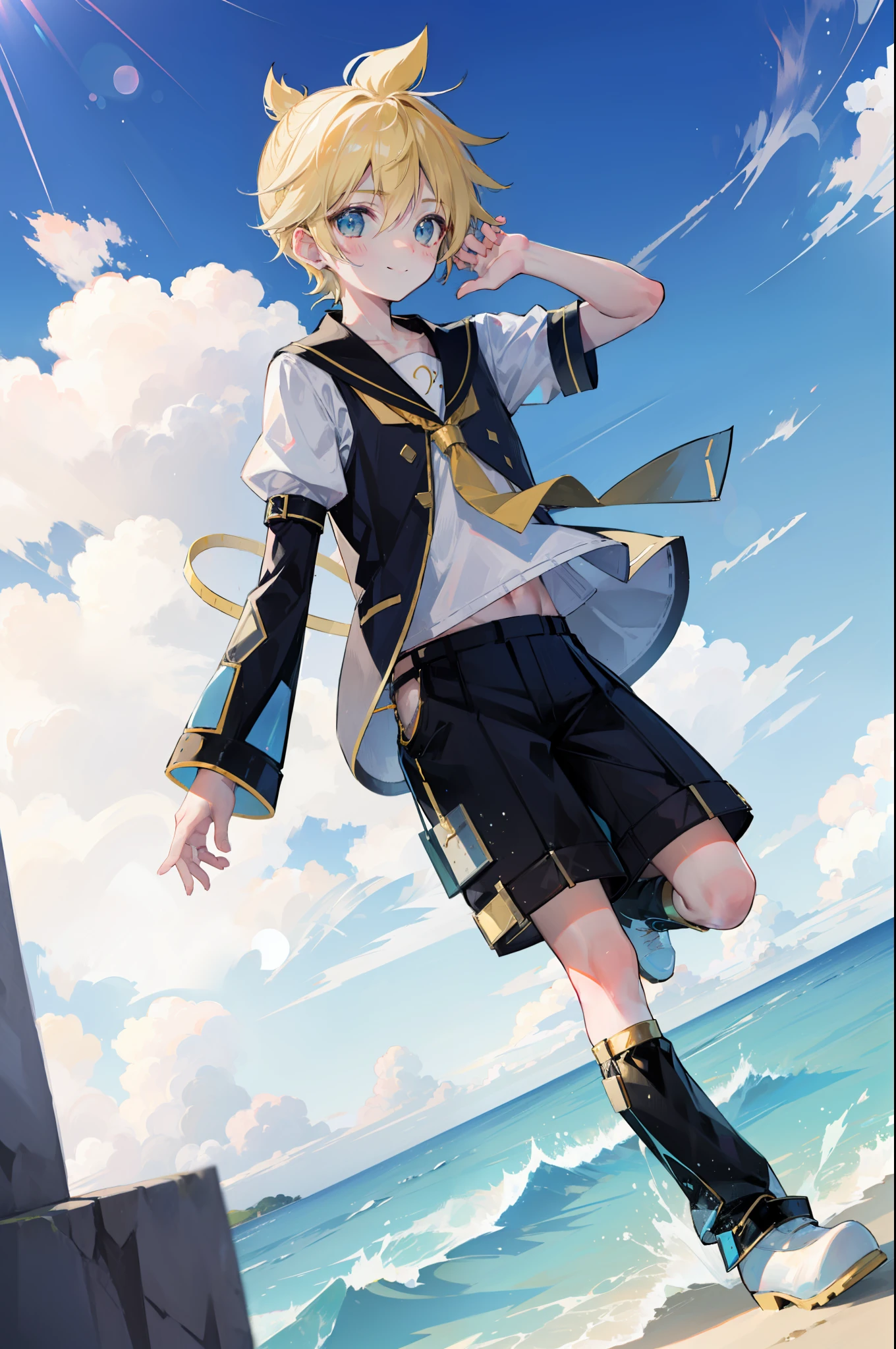 one boy, Len_Kagamine, pure, innocent, blush, sailor uniform, black short pants, outdoor, cowlick hair, cool, slender, handsome, character focus, smile, a little tanned skin, full body, mysterious, angle which is close to boy