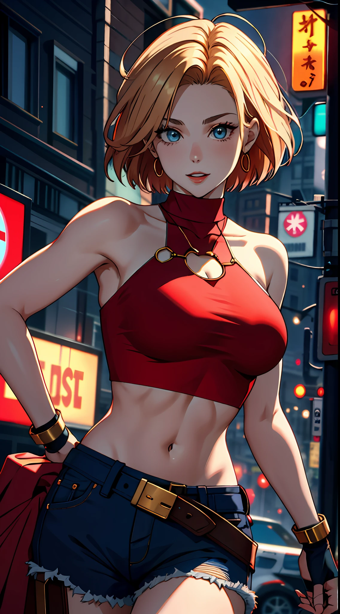 tmasterpiece,, Best quality at best, A high resolution, 1girll,Off-the-shoulder attire，， with short golden hair，Red clotheary，hason, Crop top, (Large breasts1.2), nabel，Fighting posture，cyber punk perssonage，City streets