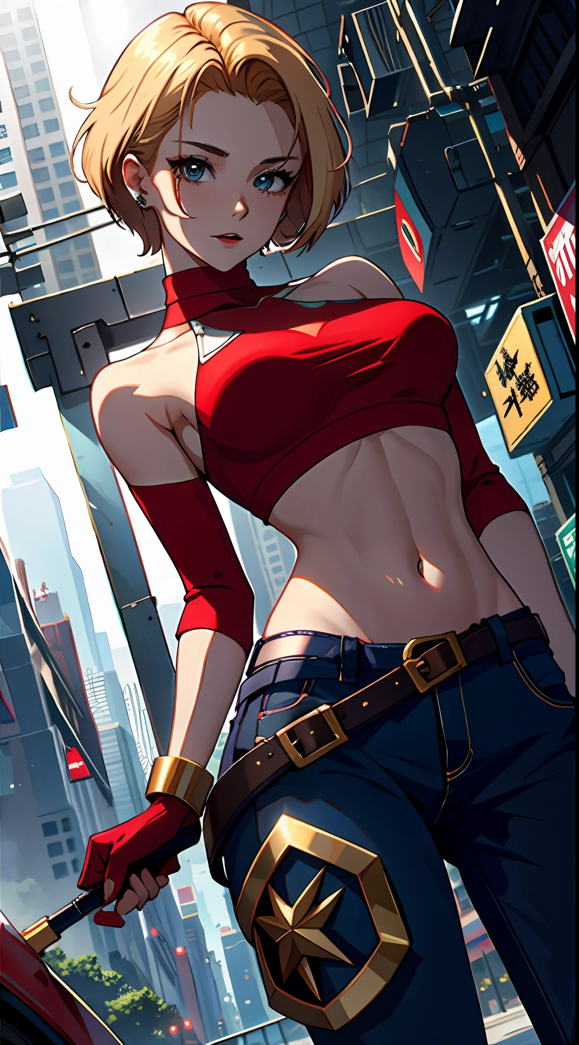 tmasterpiece,, Best quality at best, A high resolution, 1girll,Off-the-shoulder attire，， with short golden hair，Red clotheary，hason, Crop top, (Large breasts1.2), nabel，Fighting posture，cyber punk perssonage，City streets