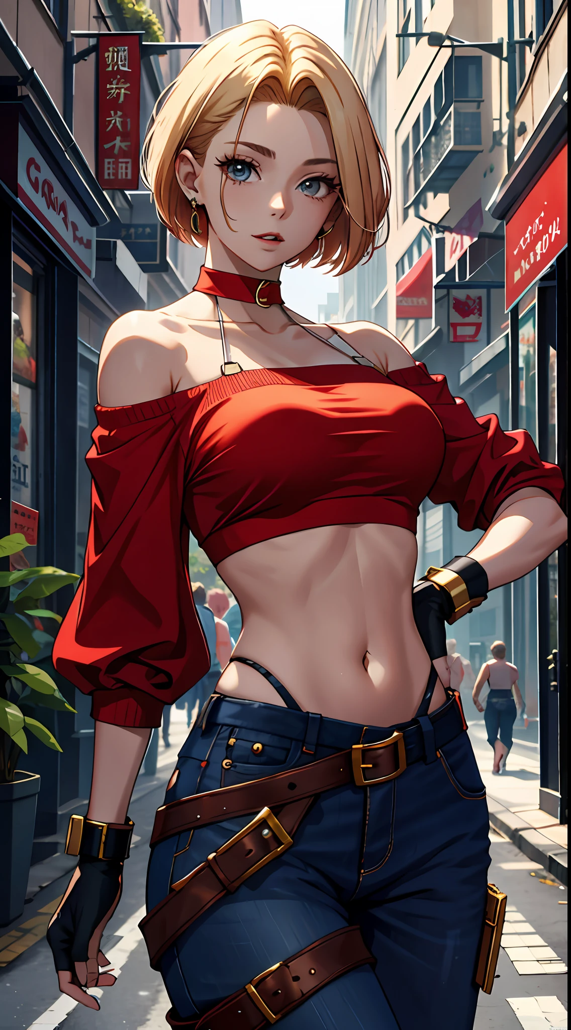 tmasterpiece,, Best quality at best, A high resolution, 1girll,Off-the-shoulder attire，， with short golden hair，Red clotheary，hason, Crop top, (Breast width1.4), nabel，Fighting posture，cyber punk perssonage，City streets