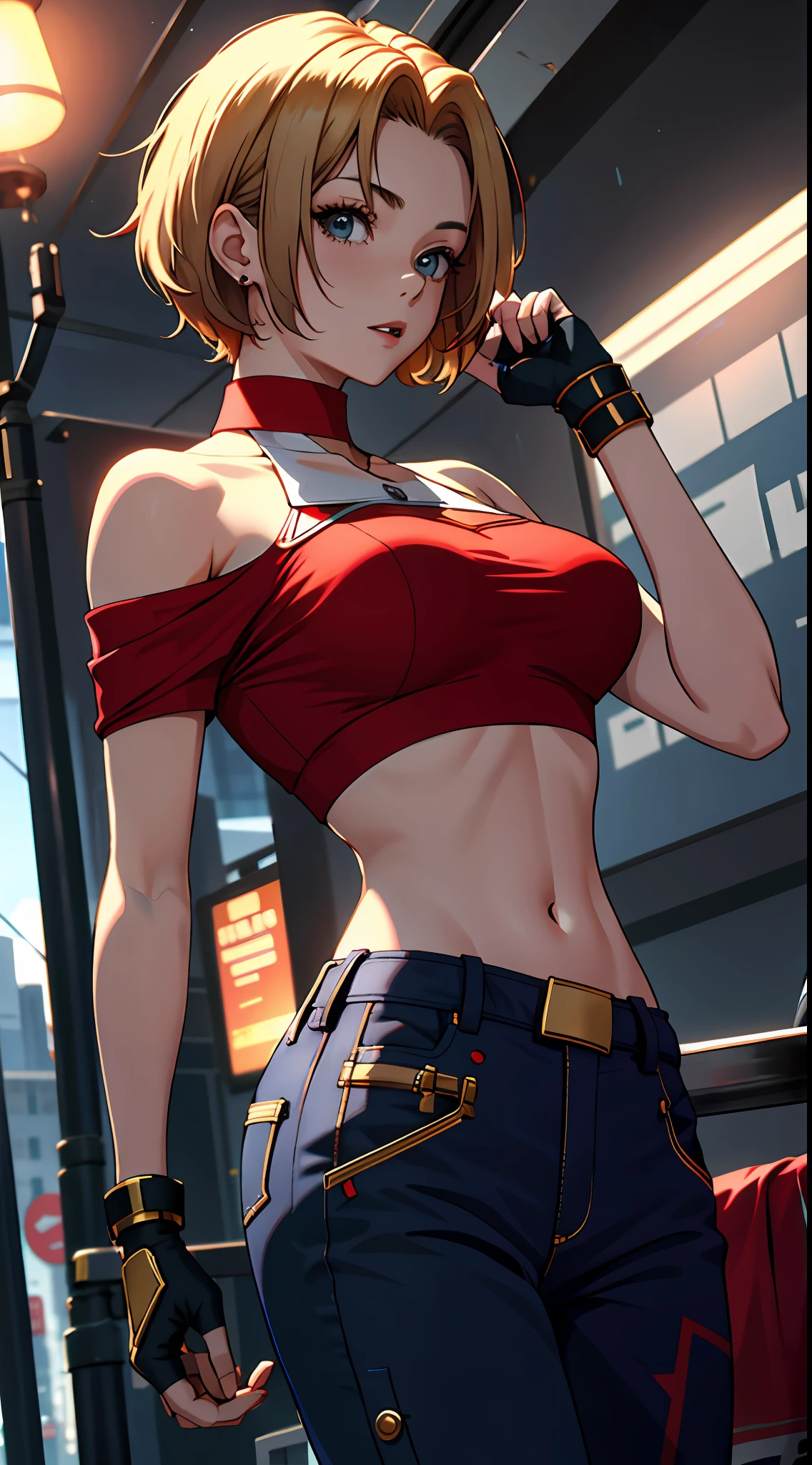 tmasterpiece,, Best quality at best, A high resolution, 1girll,Off-the-shoulder attire，， with short golden hair，Red clotheary，hason, Crop top, (Breast width1.4), nabel，Fighting posture，cyber punk perssonage，City streets