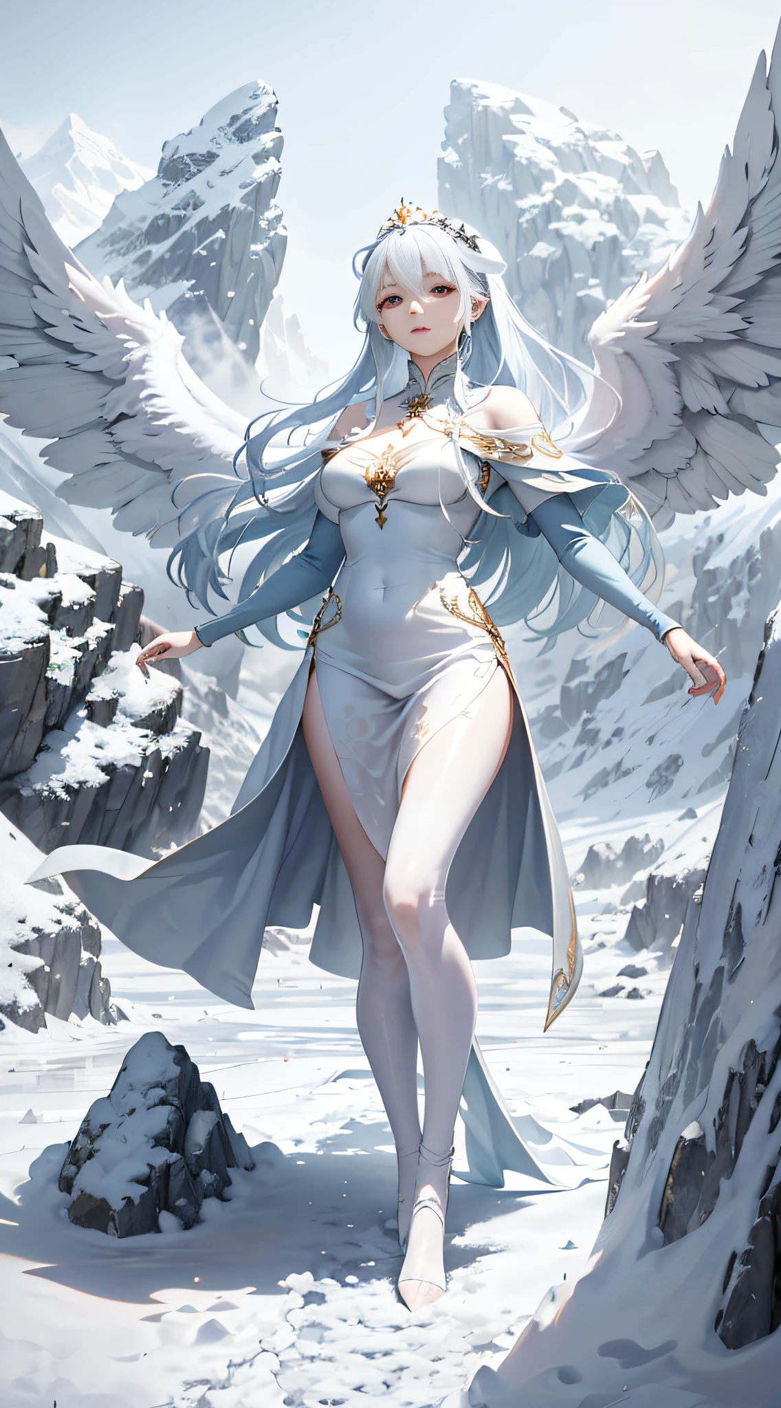 高品质，杰作，8千，(2 个女孩，双胞胎，天使，魔鬼，天使的翅膀，恶魔之翼，扎两根马尾)，冰河时代的风景，一位美丽的女孩进入视野。她穿着一件华丽的长裙，裙子上绘有绚丽的花纹，衣服的颜色呈现出冰蓝色和纯白色的混合，凸显了她的美丽和高贵。她戴着一顶白色的王冠，头发披在肩上，就像瀑布一样，随风飘舞。她的眼睛明亮闪亮，他的眼里流露出一丝柔和与清澈，就像一股清泉。女孩优雅地站在雪白的冰原上，身材高挑优雅。她用双手轻轻抓住裙摆，纤细的小脚轻轻踩在冰雪上，仿佛她的脚步不会毁掉这片净土，也可以让它变得更美丽。整个画面凸显了女孩的精致和高贵之美，尽管她站在冰雪上，但它给人一种温暖而平静的感觉。周围纯净寒冷，白雪皑皑，远处是高耸雄伟的雪山，山峰上终年覆盖着不融化的冰雪，整个画面营造出一种神秘而迷人的氛围。这个美丽的女孩站在雪山上，就像冰雪女王的化身，它向人们展示了她的美丽和力量。