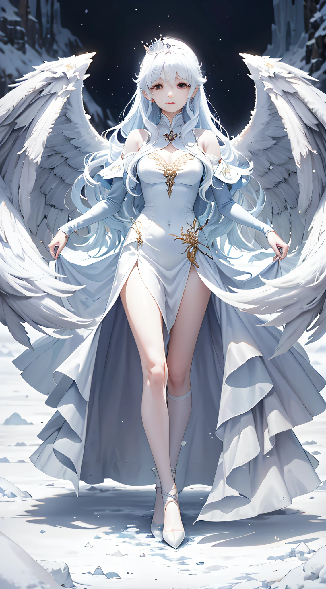 高品質，傑作，8k，(女の子2人，双子，天使，悪魔，天使の羽，悪魔の翼，2つのポニーテールを結ぶ)，氷河期の風景の中で，美少女が見えてくる。彼女はゴージャスなロングドレスを着ていました，スカートは鮮やかなパターンで描かれています，服の色はアイスブルーと真っ白の混合物を表しています，それは彼女の美しさと貴族を強調しています。彼女は白い王冠をかぶっています，髪を肩にかけた，まるで滝のようだ，風になびく。彼女の目は明るく輝いていた，彼の目には柔らかさと明晰さのヒントがありました，澄んだ春のようだ。少女は真っ白な氷原の上に優雅に立っていた，その姿は背が高くてエレガントです。彼女は両手でスカートの裾をそっとつかんだ，繊細な小さな足が氷と雪をそっと踏む，彼女の足取りがこの浄土を滅ぼさないかのようでした，それはまたそれをより美しくすることができます。全体像は少女の繊細で高貴な美しさを強調しています，しかし、彼女は雪と氷の上に立っています，しかし、それは暖かくて平和に感じます。周囲は雪で純粋で寒いです，遠くにはそびえ立つ雄大な雪をかぶった山があります，山頂は一年中溶けない雪と氷で覆われています，全体像が神秘的で魅惑的な雰囲気を作り出しています。雪山の上に立つ美少女，それは氷の女王の化身のようなものです，それは人々に彼女の美しさと力を示しています。