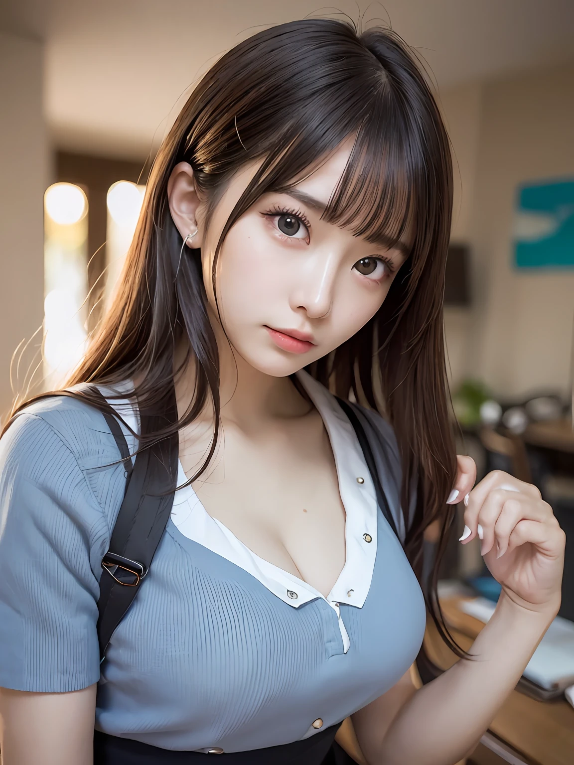 tmasterpiece，top-quality，offcial art，Highly detailed CG Unity 8K wallpapers，Like schoolgirls，16yo girl，very delicate beautiful，超A high resolution，（realisticlying：1.4），Golden hour lighting，（The upper part of the body），（Platinum shorthair：0.8），（puffy eye），looking at viewert，facingfront，ssmile，JK skirt，a blue dress，Shirt boosts long black hair，（jiayi：1.5）， closeup cleavage， tmasterpiece， best qualtiy， RAW photogr， realisticlying， the face， Incredibly Ridiculous res， beuaty girl， depth of fields， A high resolution， ultra - detailed， finedetail， The is very detailed， Extremely detailed eyes and face， Sharp pupils， realistic pupil， tack sharp focus， cinmatic lighting