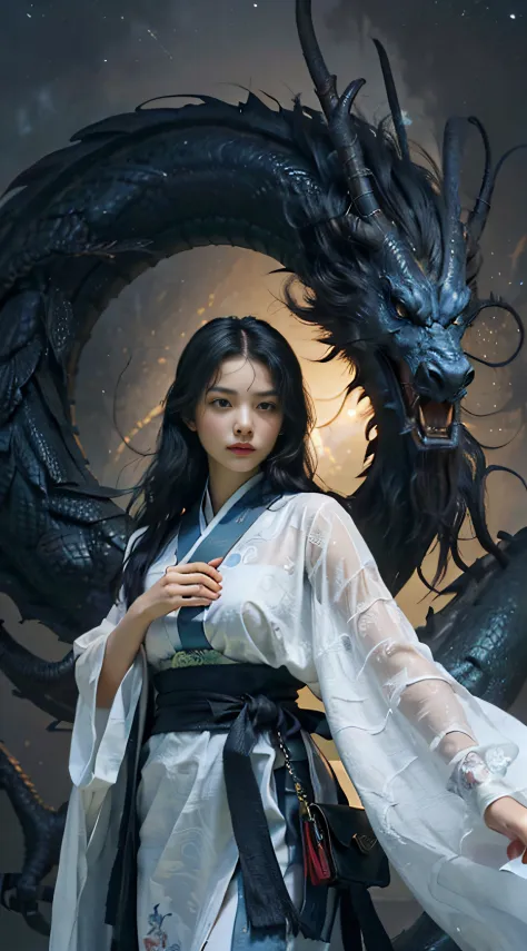 tmasterpiece，best qualtiy，realisticlying，photorealestic，The painting depicts a woman standing next to a dragon，The background is...