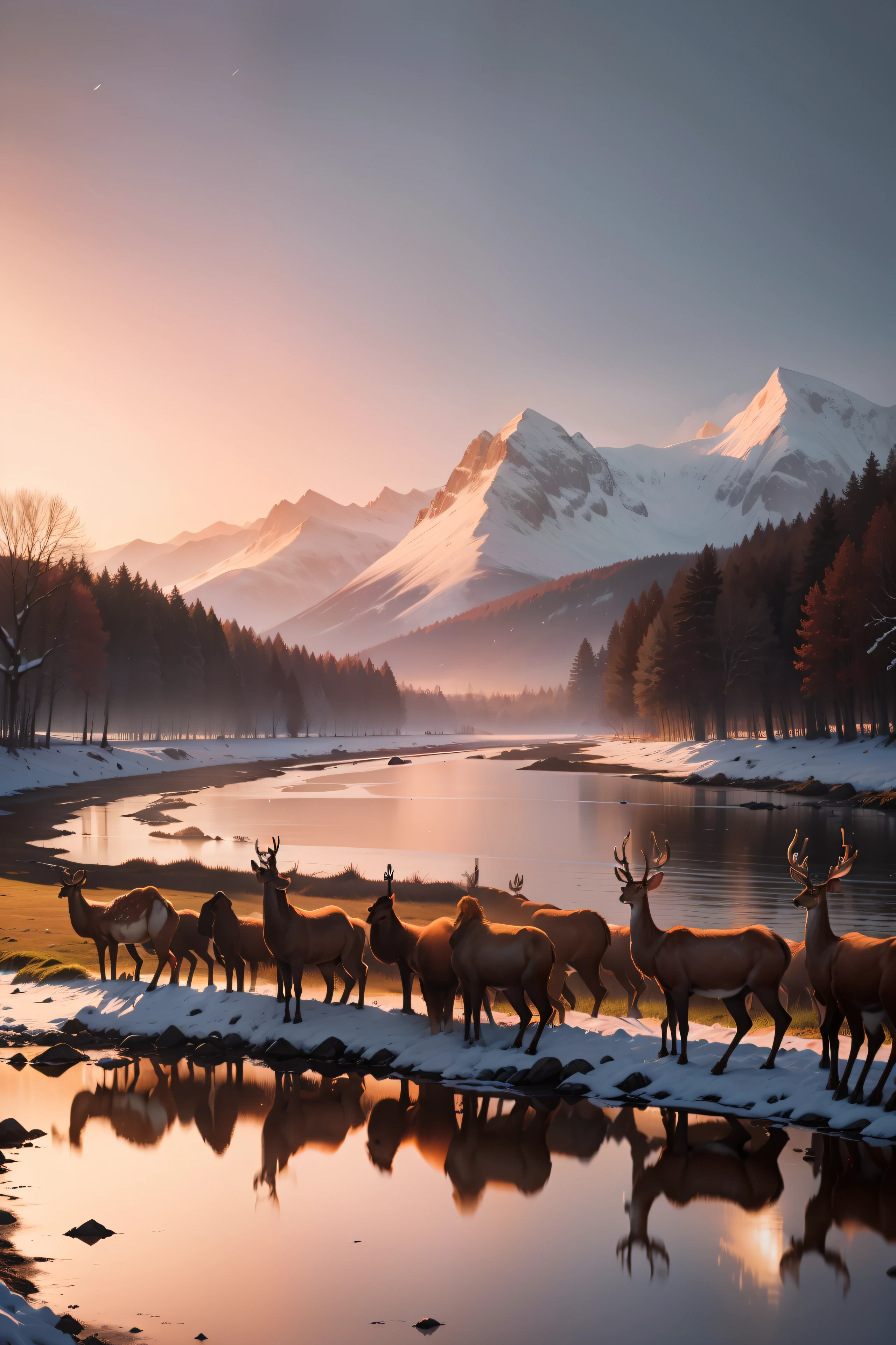 A large herd of regal red deers standing on a beach in English ...