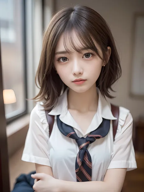 tmasterpiece，top-quality，offcial art，Highly detailed CG Unity 8K wallpapers，Like schoolgirls，16yo girl，very delicate beautiful，超A high resolution，（realisticlying：1.4），Golden hour lighting，（The upper part of the body），（Platinum shorthair：0.8），（puffy eye），lo...