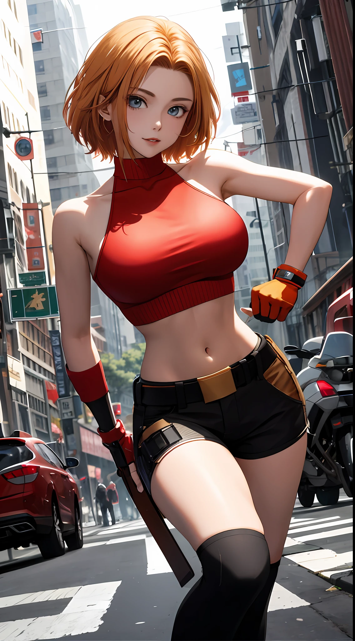 tmasterpiece,, Best quality at best, A high resolution, 1girll， with short golden hair，Red clothes，mary，hason, Crop top, (Large breasts 1.4), nabel，Fighting posture，cyber punk perssonage，City streets