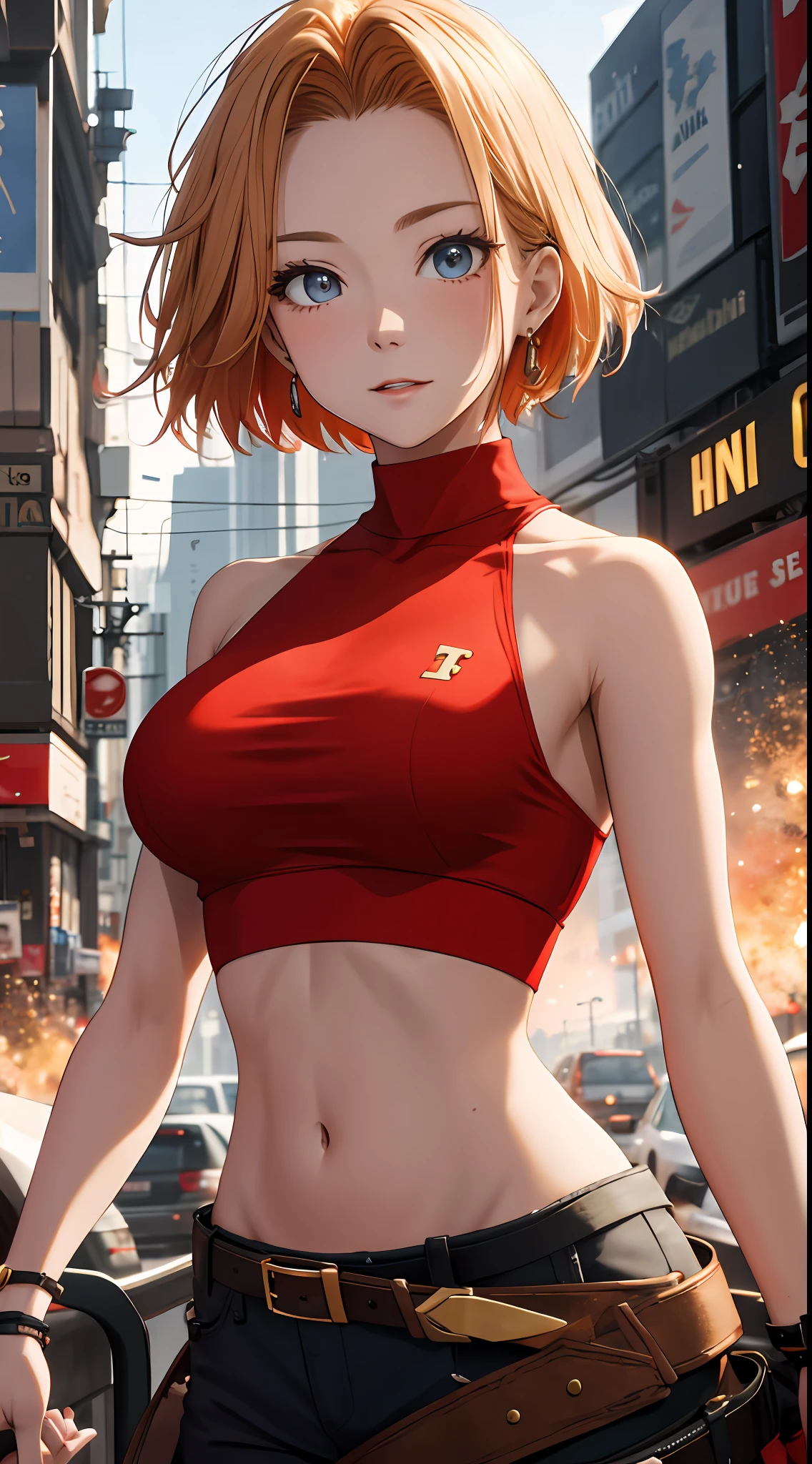 tmasterpiece,, Best quality at best, A high resolution, 1girll， with short golden hair，Red clotheary，hason, Crop top, (Large breasts 1.4), nabel，Fighting posture，cyber punk perssonage，City streets