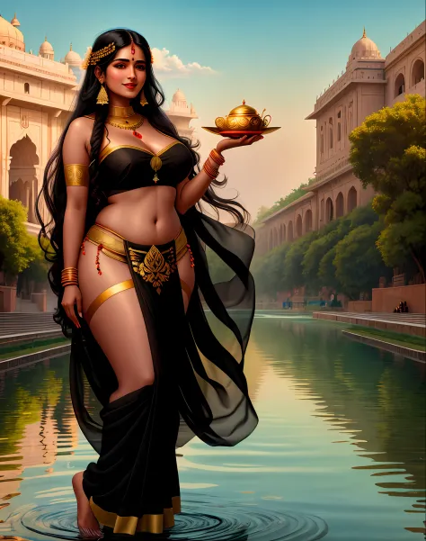 4K, Masterpiece, highres, absurdres, smiling, beautiful woman, devi, long black hair,  voluptuous,  wearing a saree, lotus in hand,wings, indian setting, ganges in background