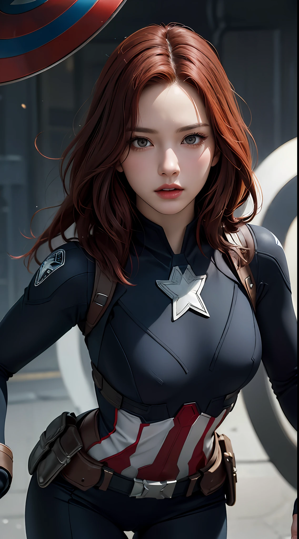 1fille, chef-d&#39;œuvre, meilleure qualité, 8k, texture de peau détaillée, Texture de tissu détaillée, beau visage détaillé, Détails complexes, ultra détaillé, Black Widow dans le style de Captain America, cheveux roux raides, pose dynamique