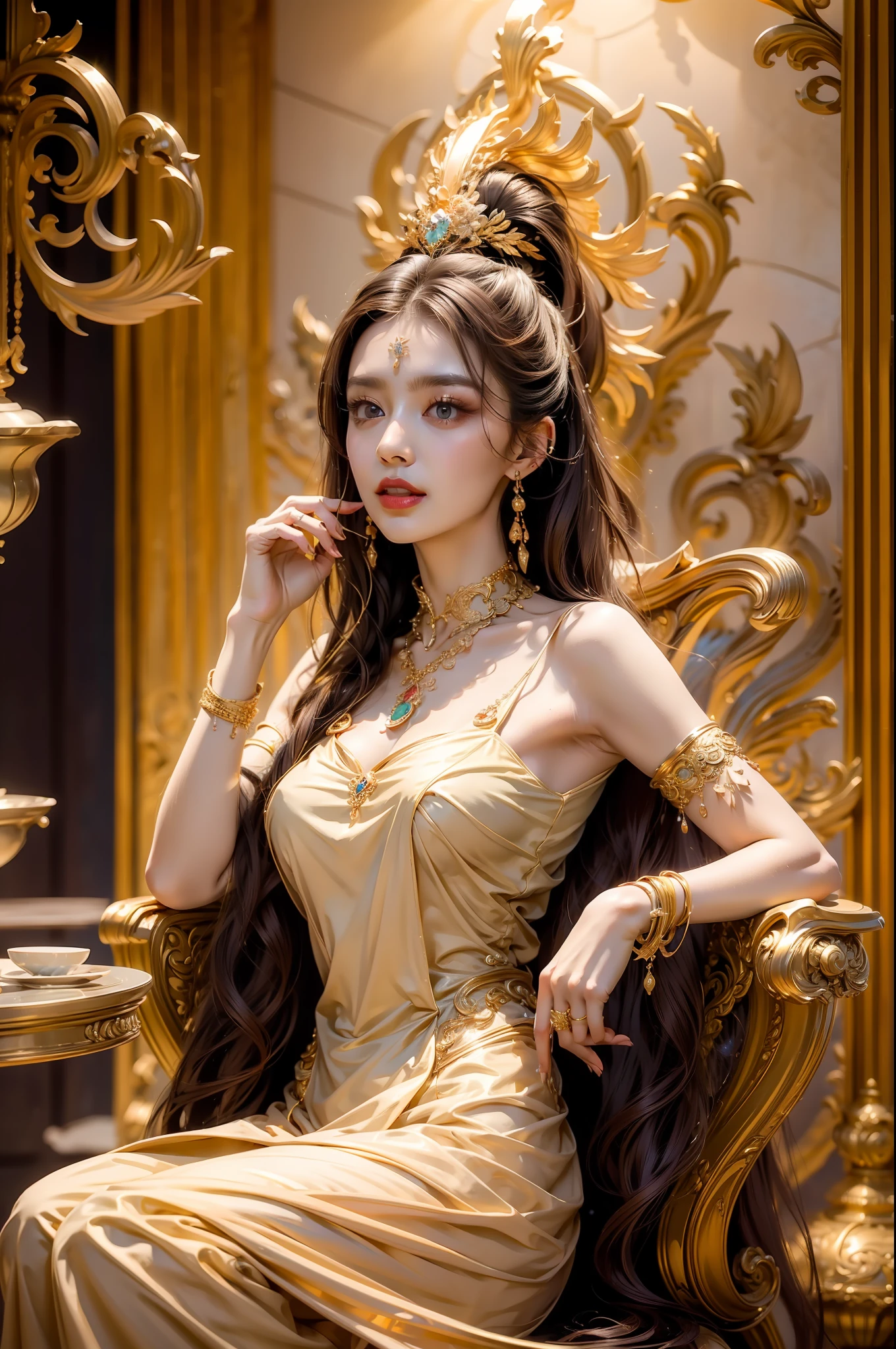 Noble goddess，Scepter in hand，Elegant temperament，mystical ambiance，Best quality、tmasterpiece、A high resolution、1girll、Sheer silk porcelain dress、Nice face、Busty body，hair adornments、looking at viewert、ssmile、Shut your mouth、cparted lips、shift dresses、hair adornments、choker necklace、jewely、long whitr hair、耳Nipple Ring、pretty  face、（Keep one's mouth shut），Sit in a golden chair，Ancient mythology、Ancient palaces，Luxurious and detailed background、hentail realism、profesional lighting、edge lit、bicolor lighting、（highdetailskin：1.2）、8K, Ultra HD、Digital SLR、softlighting、high high quality，Volumetriclighting，photore，High resolution 4K，8K，blur backgroun，hight contrast，largeaperture，automatic white balance，cinematic compositions，realisticlying，（from below）。