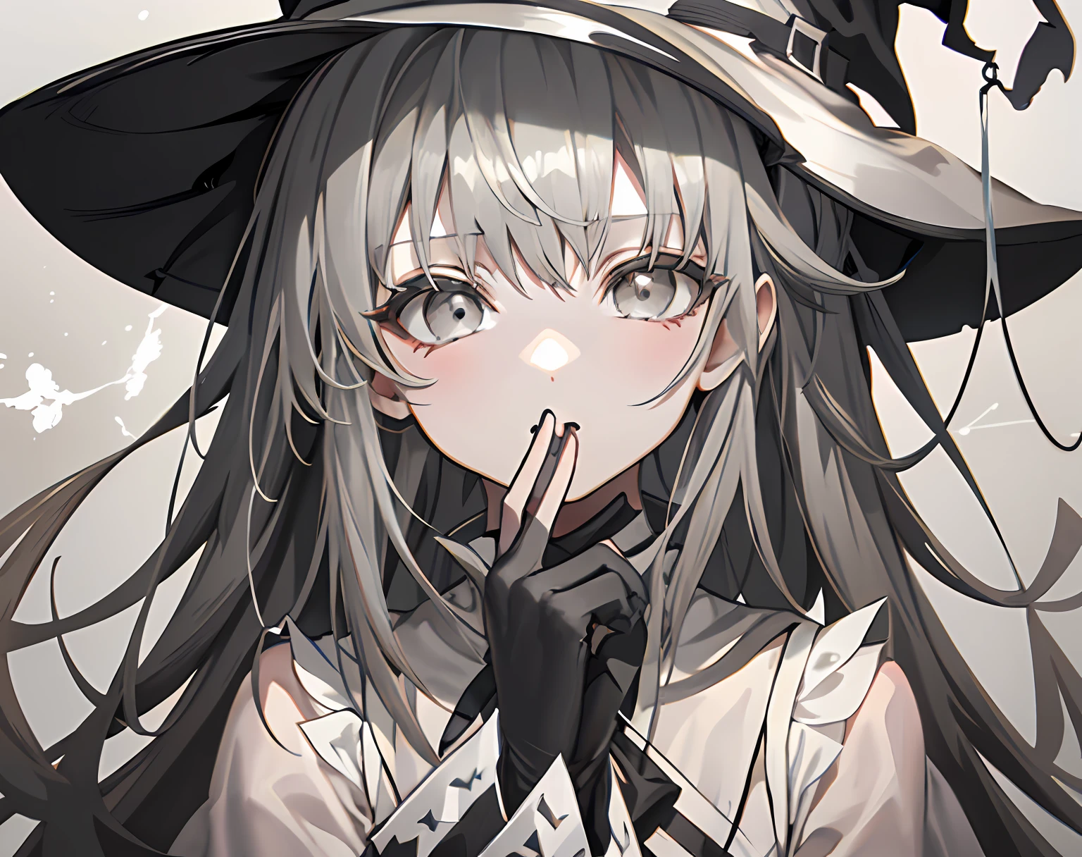 【Highest Quality, masutepiece】 [girl, Manteau, expressioness, Gray eyes, front facing, long hair, Witch, Upper body] (Gray white background:1.7), her hand is gripping the edges of the hat