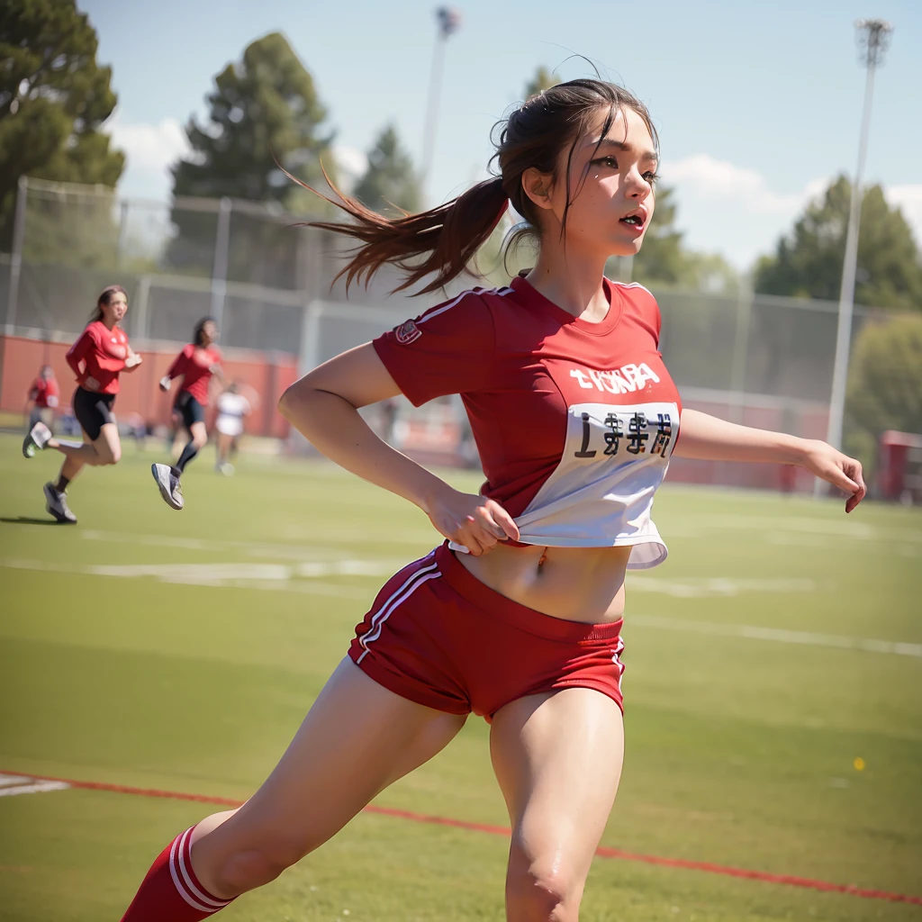 Há uma mulher de uniforme vermelho jogando futebol - SeaArt AI