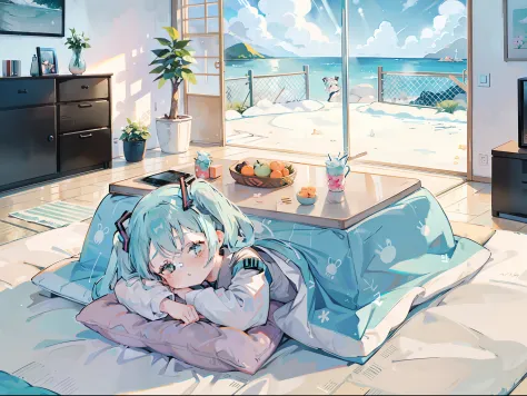 1 girl in, ((miku hatsune))、sleep、kotatsu, the table, sleepeace, down face, light blue hair, winters, upper body,mikan, reflecti...