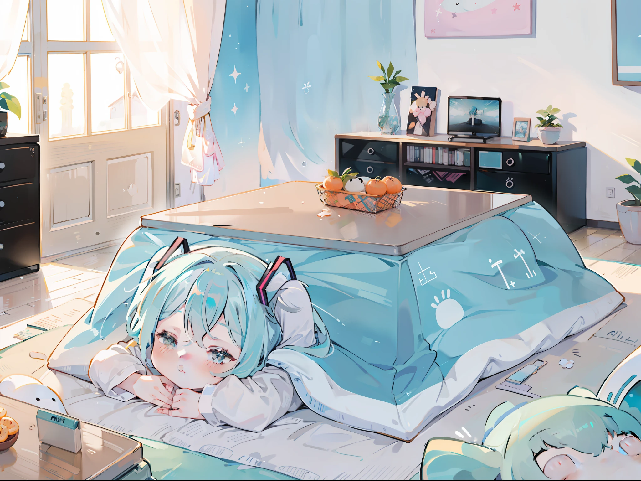 1 girl in, ((miku hatsune))、sleep、Kotatsu, The table, sleepeace, down face, Light blue hair, Winters, Upper body,mikan, reflective light,, Ultras_Detailed:1.2