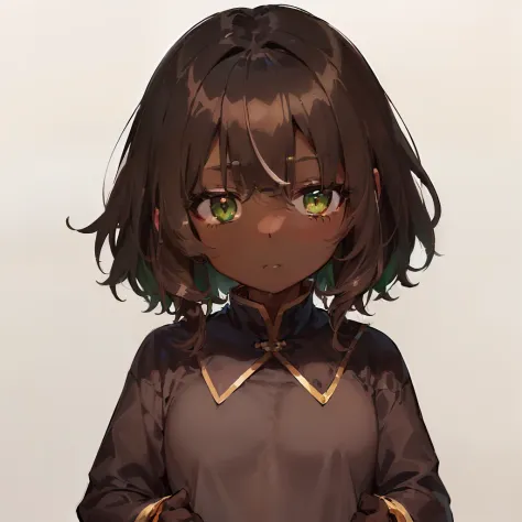 ((独奏))(((​masterpiece、top-quality))),(((((((dark brown skin,Round cheeks))))))),(((A dark-haired、short-hair,Bangs are not aligne...